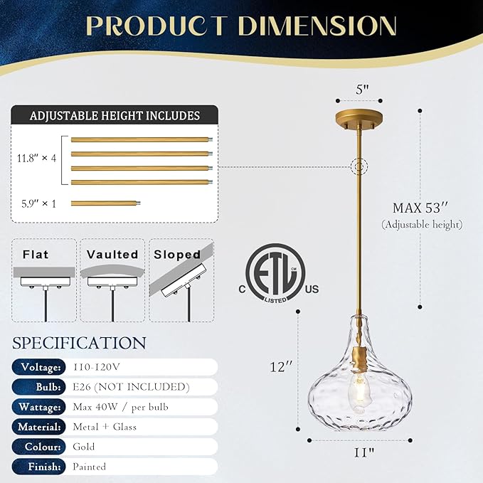 11" Hand-Blown Clear Glass Pendant Light with Hammered Texture, Gold Finish Adjustable Hanging Light Fixture for Kitchen Island, Dining Room, Hallway, Living Room