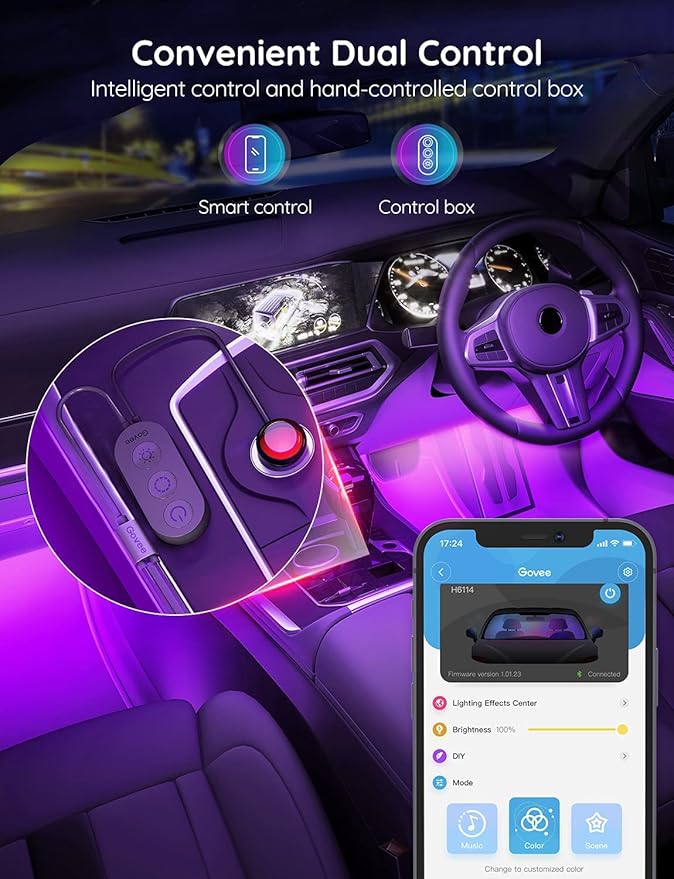 Govee Car LED Lights, Smart Car Interior Lights with App Control, RGB Lights with DIY Mode and Music Mode, 2 Lines Design LED Lights for Cars with Car Charger, 12V