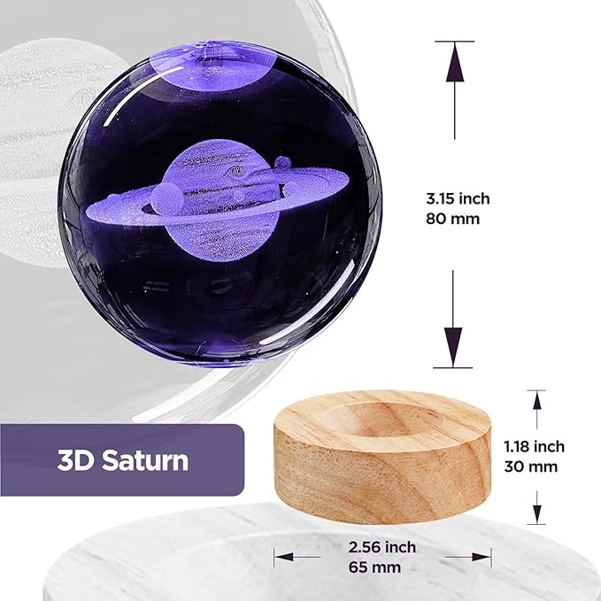 3D Saturn Crystal Ball Night Light Upgraded 3.15 in Saturn Planet Glass Sphere Lamps with 16 Color for Birthday Holiday, Cool Saturn Galaxy Home Desk Decor Gifts for Teens Boys and Girls