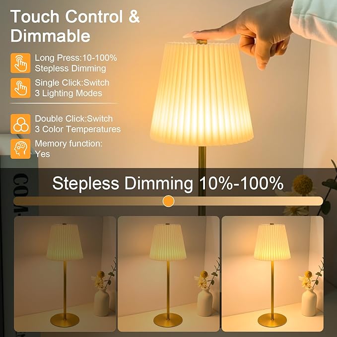 Mini Table Lamp Cordless, 5200mAh LED Mini Lamps Gold Fabric Pleated Shade small Battery Operated Lamp with 3 Colors Stepless Dimming Touch Lamps for /Bedroom/Bars/Outdoor Party/Camping,1 Pack