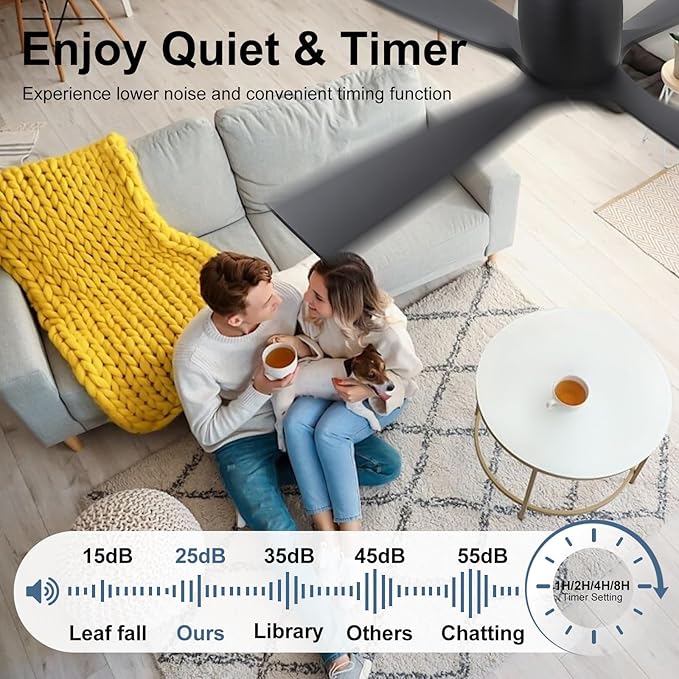 WINGBO Ceiling Fan no Light - 48 inch Solid Wood Flush Mount Ceiling Fan with Remote,4 Reversible Blades, 6-Speed Noiseless Powerful DC Motor, ETL Listed，Black