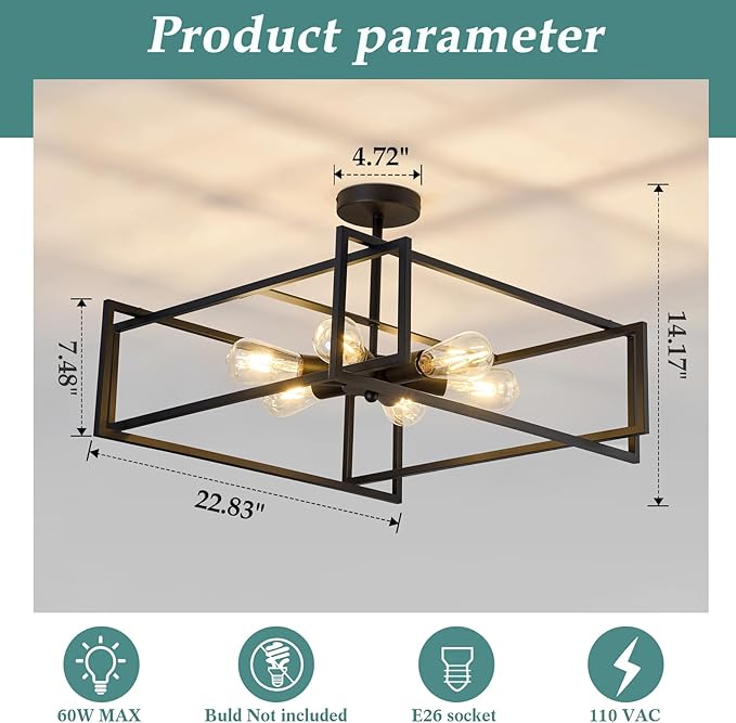 ZGLAOJT 6-Lights Close to Ceiling Light 22.83 Inch Black Light Fixture Industrial Flush Mount Ceiling Large Farmhouse Chandelier Lighting for Kitchen Island Dining Room Bedroom Foyer Hallway