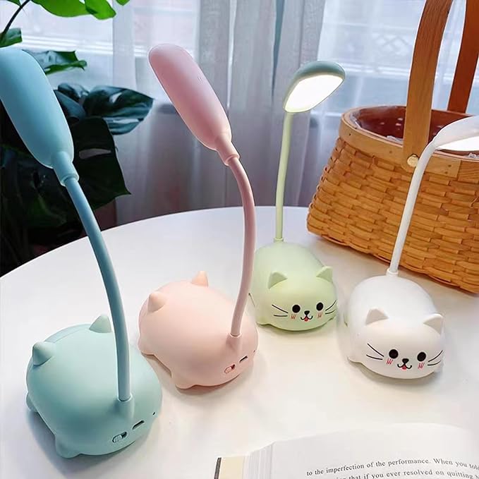 LED Desk Lamp for Kids, Cute Cat Lamp USB Rechargeable Reading Light,Portable LED Table Light, Flexible Gooseneck Eye-Care Cartoons Small Desk Lamp Girls Gifts (Green)