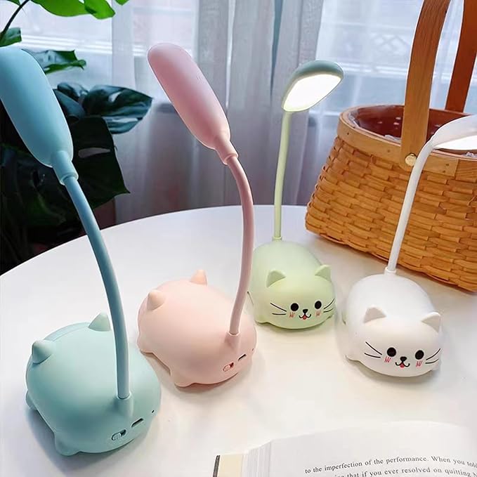LED Desk Lamp for Kids, Cute Cat Lamp USB Rechargeable Reading Light,Portable LED Table Light, Flexible Gooseneck Eye-Care Cartoons Small Desk Lamp Girls Gifts(Pink)
