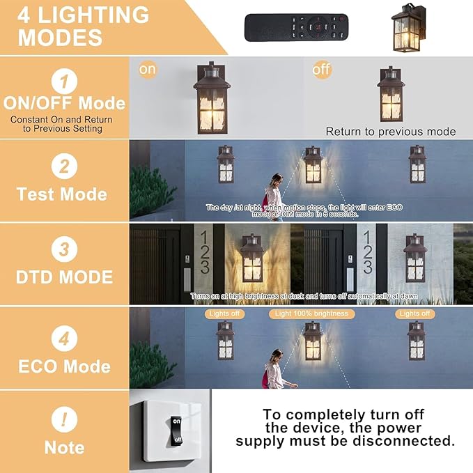 Porch Lights with GFCI Outlet with Remote,Dusk to Dawn Motion Sensor Outdoor Light, Upgraded 4 Lighting Modes Exterior Fixture Waterproof Outside Lights for House Patio Garage