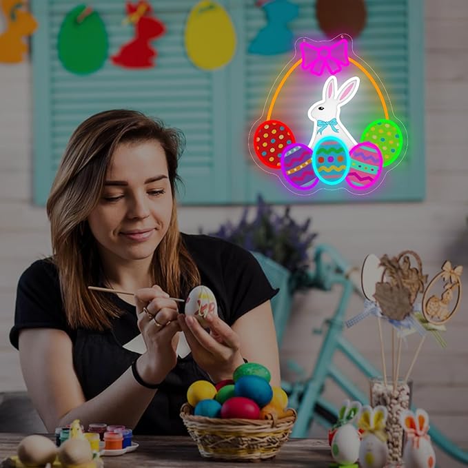 Easter Bunny Neon Sign Dimmable Happy Easter Neon Sign for Wall Decor Led Egg Basket Light Up Sign Bunny Hanging Decoration for Window
