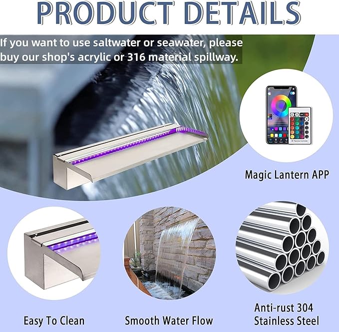 24 Inch APP Control Pool Waterfall Spillway Stainless Steel with LED Lights, Pond Fountain Set for Outdoor Decorations, Koi Pond Swimming Pool w/16 Color Changing Spillway for Sheer Descent