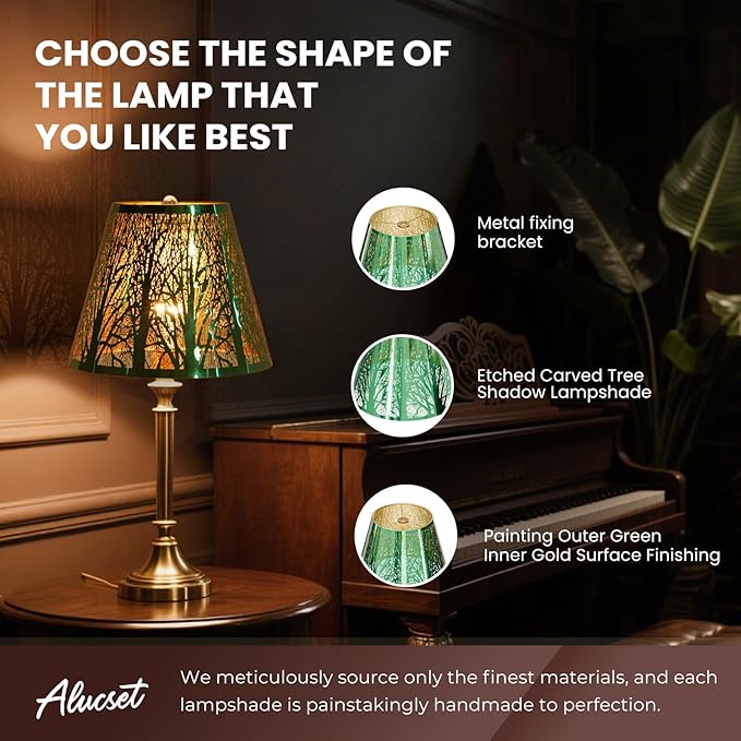 Small Metal Lampshade Forest Etching Forest Lamp Shade Pattern 6'' Top 10'' Bottom Height 7.5'' Fits For Table Lamps And Floor Lamps Spider Fitter Stainless Steel Green outside Gold inside ALUCSET