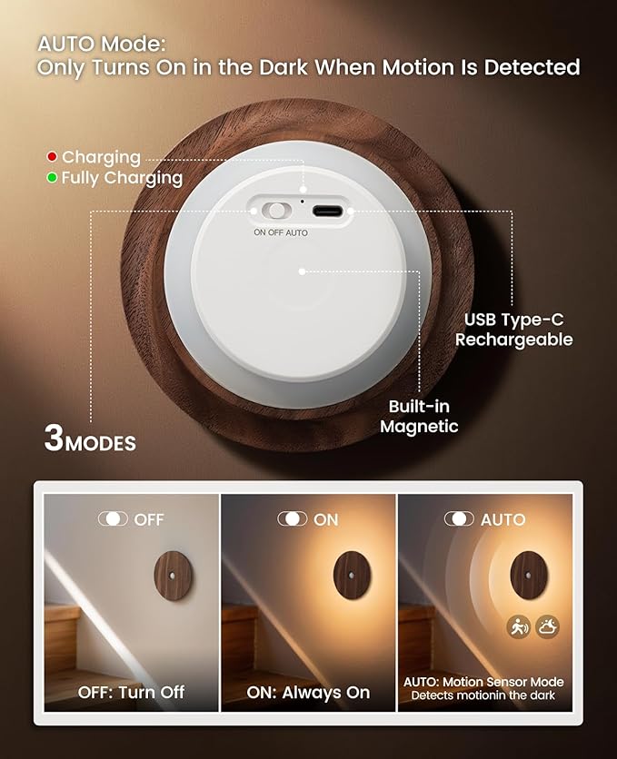 Motion Sensor Night Light Wood Rechargeable Battery Powered Stick-On Step Lights Magnetic Closet Warm Nightlight for Hallway Bedroom Stair, Black Walnut