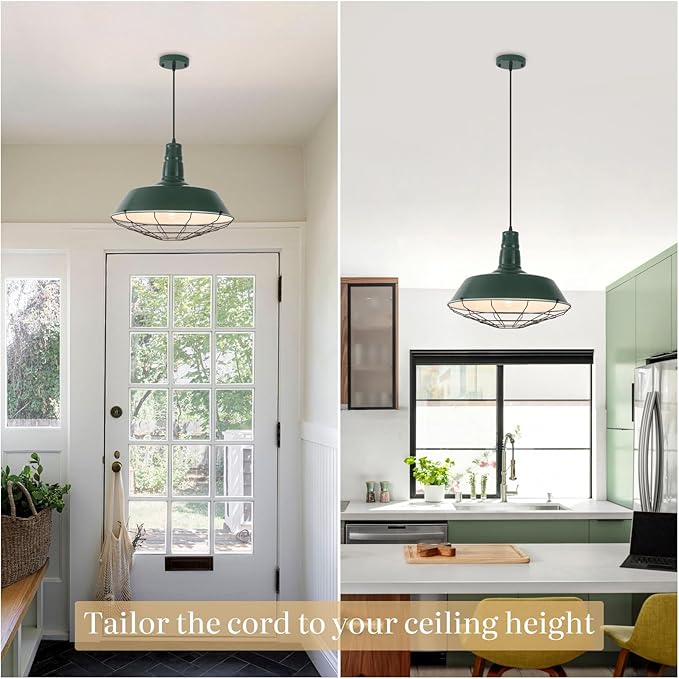 Green Industrial Pendant Lights Kitchen Island, 18.1 Inch Large Pendant Light, Farmhouse Pendant Light with Wire Cage, Barn Pendant 2 Pack, Island Pendant Lights for Kitchen Dining Room