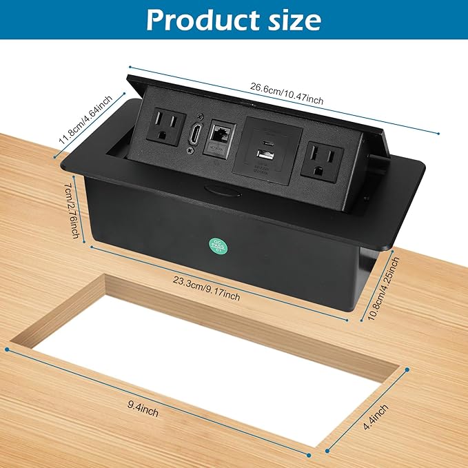 Table Pop Up Outlet,Automatic Pop up Strip Center countertop Socket Recessed Multimedia Strip Socket & USB+ 2AC+ LAN Network Connection Box Desktop HDMI for Conference Desk, Office, Hotel(Black-2)