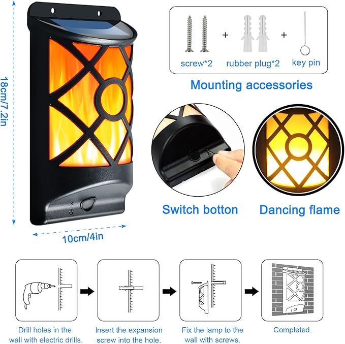 Solar Flame Lights Outdoor, 6 Pack Waterproof Wall Lantern with Realistic 3D Flickering Flames, 66 Ultra Bright LED Night Light Garden Decor for Patio, Fence, Deck, Yard - Auto On/Off