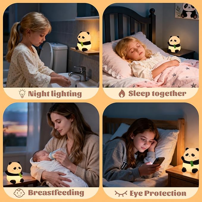 Panda Silicone Night Light for Kids, 50+ Hours Long Battery Life Squishy Touch Lamp with Auto Off Timer, Cute Rechargeable Nightlight for Toddler Baby Nursery Easter Gift