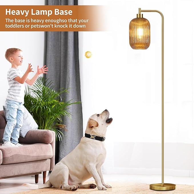Floor Lamp for Living Room,Bedroom,Gold Dimmable Standing Lamp with Remote,Mid Century Modern Brass Tall Lamp Retro Vintage Glass Lamp Floor Light Boho Bohemian