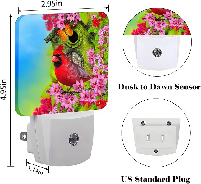 Red Cardinal Night Light,Plug-in Night Lights with Dusk to Dawn Sensor for Stairway,Hallway,Bedroom Sleep Friendly Ideal for Women/Girls/Boys Gift,0.5w