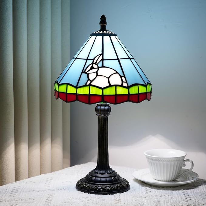 Tiffany lamp 8 inch Small Stained Glass lamp Fairy Tale White Rabbit Bedside lamp Suitable for Bedroom Dormitory Dining Room Living Room Tiffany Style Retro Home Decoration Children's Gift