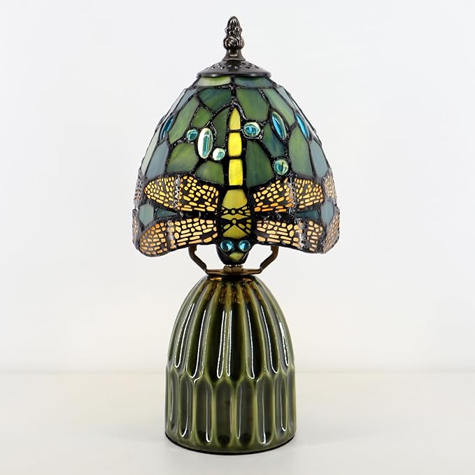 Tiffany Lamp Stained Glass Mushroom Table Lamps 6X6X12.5 Inch Sea Blue Dragonfly Style Small Night Light Ceramic Base Mini Accent Desk Light Suitable for Bedside Table Bedroom Children Room