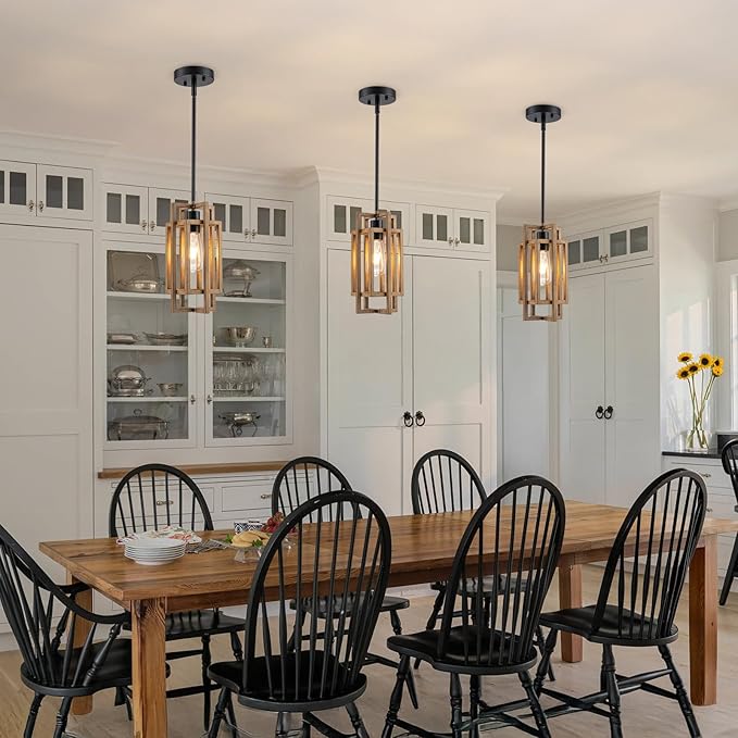 Farmhouse Pendant Light Fixtures, Retro Wood Texture and Black Finish Pendant Lights 59'' Adjustable Small Square Pendant Ceiling Hanging Light for Kitchen Island Dining Room Entryway