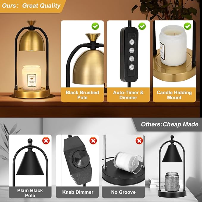 Gold Candle Warmer Lamp with Timer-Electric Candle Warmer Lamp for Bedroom Decor, Dimmable Candle Light Warmer