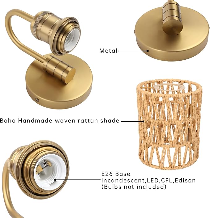 1-Light Vintage Gooseneck Sconce Wall Lighting with Rattan Shade, Boho Wall Sconce Hardwired Wall Lamp Fixture for Bedroom Bedside Hallway Living Room