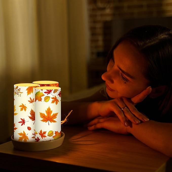Tiamon Maple Leaf Flameless Candles Led Leaves Candles Battery Operated Yellow Flickering Candles with 18-Key Remote Timer Pillar for Garden Flower Plants Party Table Decorations