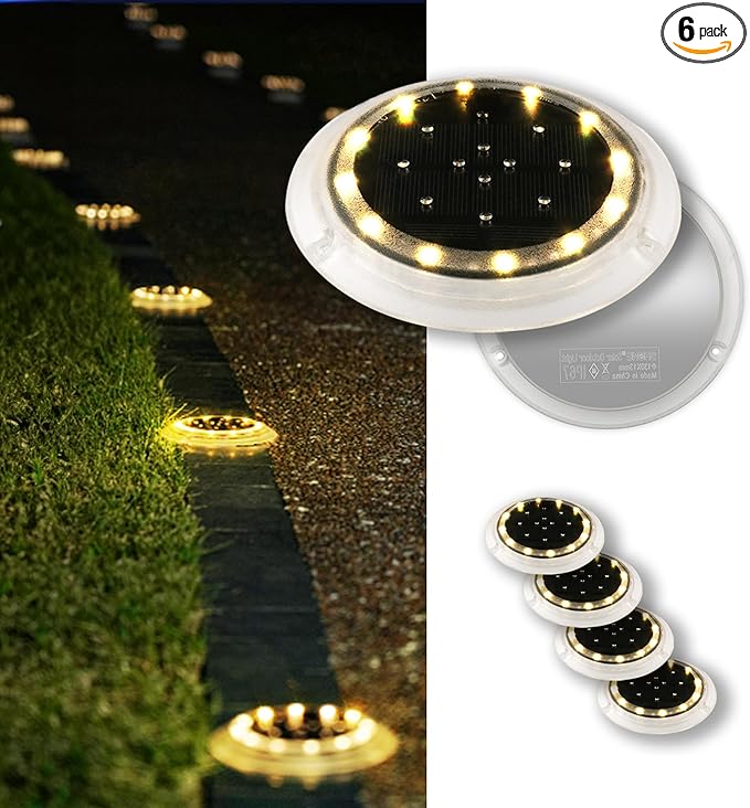 Solar Dock Lights, Bright Disc LED Outdoor Waterproof, Anti-Slip & Anti-Trip Flat Low Profile for Marine, Deck, Ground, Pool, Pier, Pathway, Step (Warm White, 6Pack)