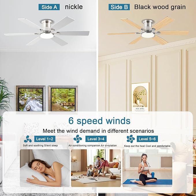 52inch Low Profile Ceiling Fan with Light and Remote/APP Control, LED Dimmable DC ReversibleModern, Flush Mount,6 Blade,Nickel Ceiling Fan for Bedroom Living Room/Outdoor Use