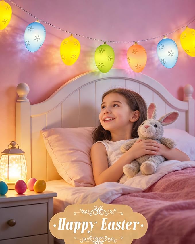 Easter String Lights Battery Operated 7Ft 10 LED Colorful Egg Shape Lights with Timer, 8 Lighting Modes Pastel Easter Light for Indoor Outdoor Tree Mantels Garden Home Spring Themed Party Decor