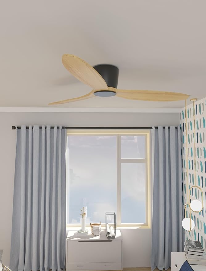 Flush Mount Ceiling Fan no light with Remote, 52 inch Low Profile Wood Ceiling Fan without light for Outdoor, Bedroom, Natural Wood and matte Black, DC Motor, 6 Speed