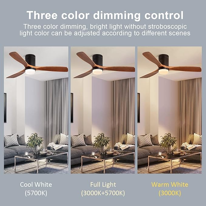 52 Inch Low Profile Ceiling Fans with Lights and Remote, 6-Speed Dimmable Outdoor Ceiling Fan with Light 3 Walnut Blades Wood Ceiling Fan with Timer, Reversible DC Motor for Patio Bedroom Farmhouse