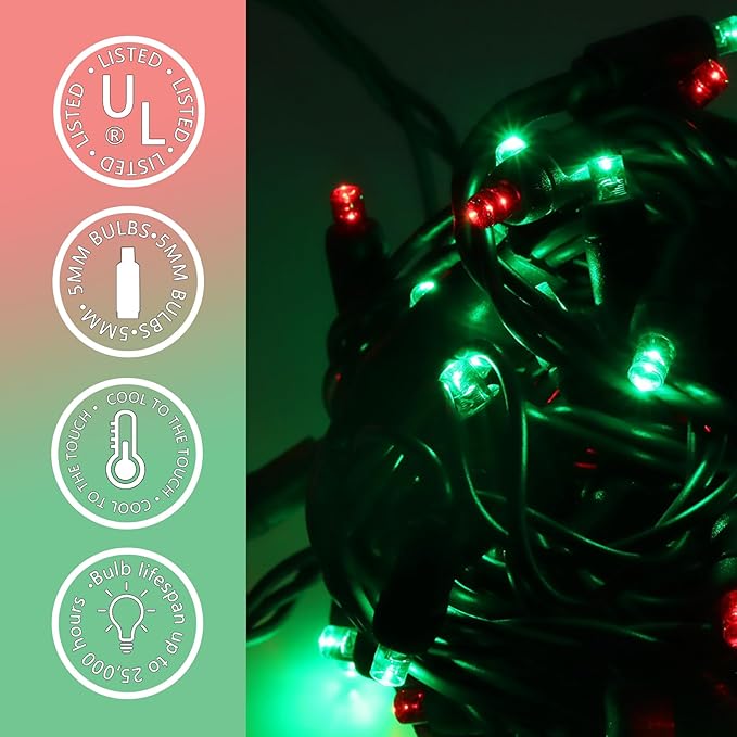 50 LED 5MM Red and Green Christmas Lights, 17FT Indoor/Outdoor String Light, Mini Lights for Garden, Patio, Christmas Trees - Green Wire, Commercial Grade, UL Listed