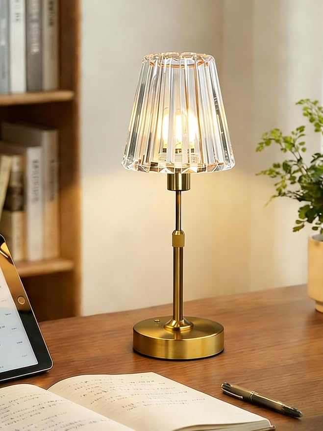 Crystal Glass Table Lamp - Cordless & Rechargeable with 5200mAh, Warm White Stepless Dimming, Portable Reading Light for Bedroom Nightstand, Living Room Home Decor