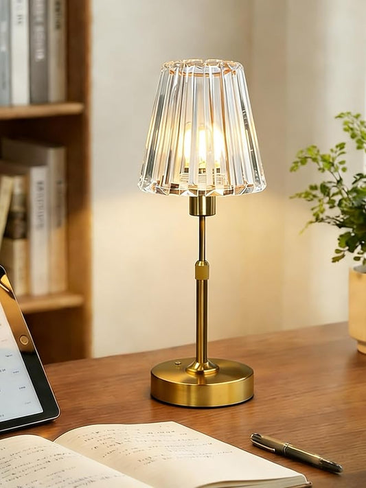 Crystal Glass Table Lamp - Cordless & Rechargeable with 5200mAh, Warm White Stepless Dimming, Portable Reading Light for Bedroom Nightstand, Living Room Home Decor