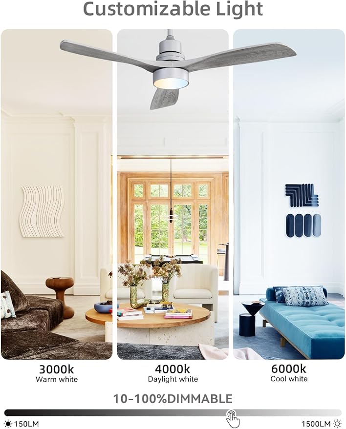 Sofucor 52 Inch Ceiling Fan with Lights and Remote Control-Modern Solid Wood Blade Ceiling Fan for Bedroom Living Room Indoor Outdoor Farmhouse Patio, Quiet DC Motor, Silver Grey