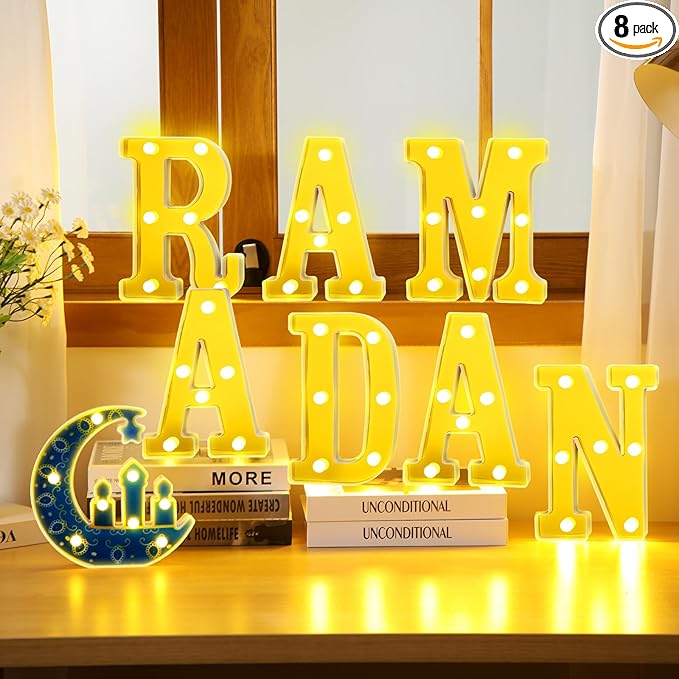 8 Pcs Ramadan Decorations Ramadan LED Letter Lights Sign Battery Powered Light up with Mirror Surface Table Decor Hanging Decorations for Party Club Restaurant Indoor Outdoor Wall Decor
