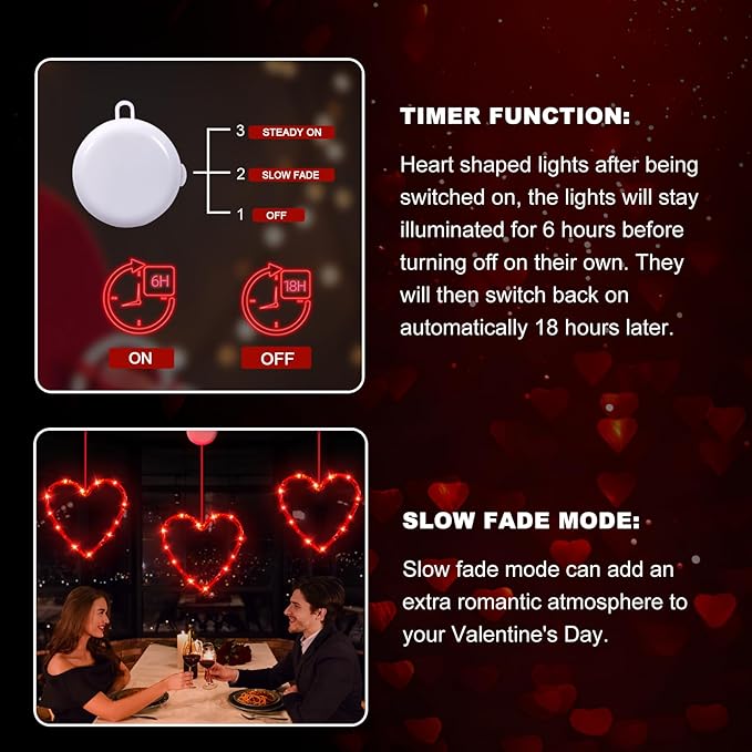3 Pack Valentines Day Window Lights Decorations with Timer, Battery Powered Hanging Red Lighted Heart Shaped Silhouette Sucker LED Lamp for Fireplace Indoor Home Decor