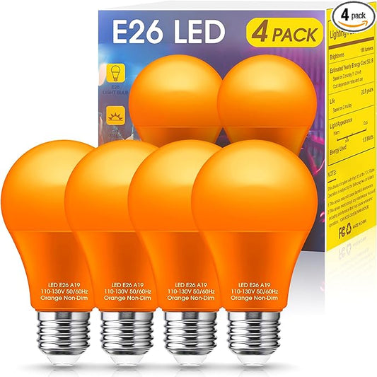 Orange Light Bulbs [4 Pack] - A19 LED Orange Bulbs 9W (60Watt Equivalent) - E26 Base Halloween Light Bulb Outdoor, Colored Light Bulbs for Halloween Christmas Party Porch Home Holiday Decorative