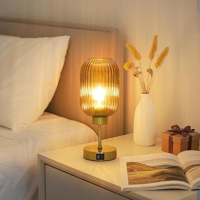 Vintage Gold Touch Table Lamp, Small Desk Lamp with Amber Glass Shade, Bulb, Charging Port, Mid Century Modern Bedside Lamp, 3 Way Dimmable Nightstand Lamp for Bedroom Living Room Home Office