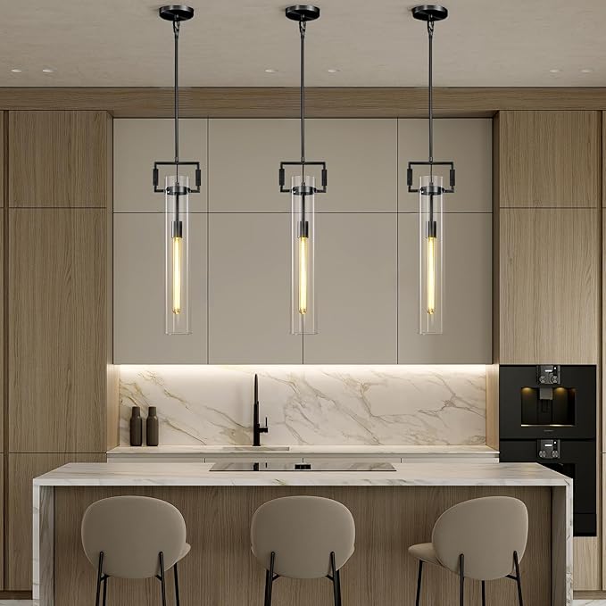 Modern Black Pendant Lights Set of 2, 21.6'' kitchen pendant lighting over island, Indoor Adjustable Height Glass Pendant Light Fixtures, Large Pendant Lights Kitchen Island, E12 Bulb Included
