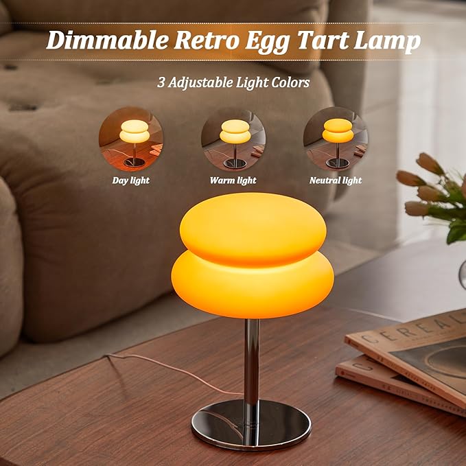 Orange Mushroom Lamp, Mid Century Modern Lamp for Nightstand, Dimmable Retro Egg Tart Bedside Lamps, Home Decor Ambient Lighting Aesthetic Cute Lamps for Bedroom Living Room (NOT Glass)