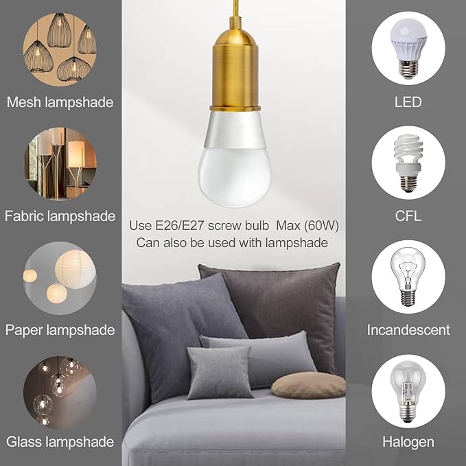Hanging Lights with Plug in Pendant Cord Switch Golden Light Bulb Socket with Industrial Extension Rope DIY lamp Replacement Pendant Light kit Lantern Cord Porcelain Fixture Fabric Cable 15ft