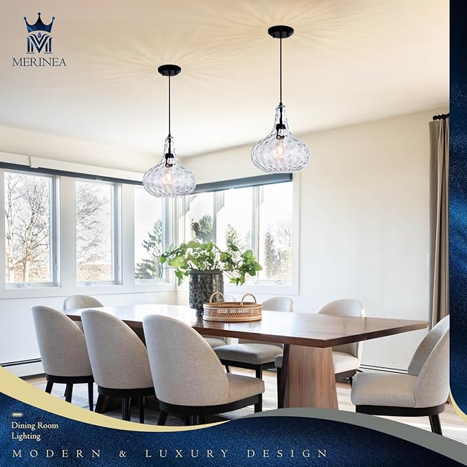 11" Blown Hammered Glass Pendant Light – Matte Black Ceiling Light for Kitchen Island, Dining Room, Hallway – E26 Base Hanging Fixture