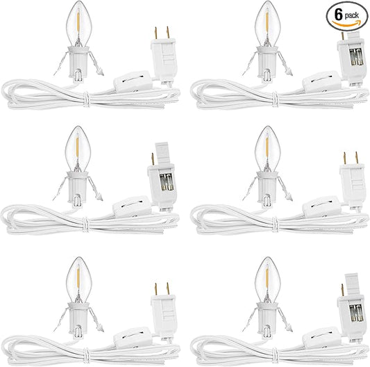 6 Packs 6ft Village Light Cord with 1W C7 LED Bulb, Salt Lamp Cord with ON/Off Switch and 2 Spare Fuses, Blow Mold Light Ideal for Christmas Village House Craft Decorations