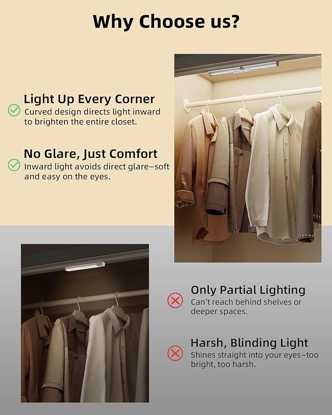 EZVALO Motion Sensor Closet Lights, 2 Pack Rechargeable LED Lights with Rotatable Sensor, Glare-Free, 3 Color Temps & Dimmable, Magnetic Under Cabinet Lighting for Closet, Pantry
