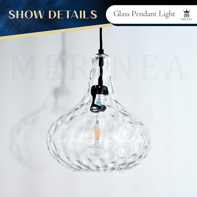 11" Blown Hammered Glass Pendant Light – Matte Black Ceiling Light for Kitchen Island, Dining Room, Hallway – E26 Base Hanging Fixture