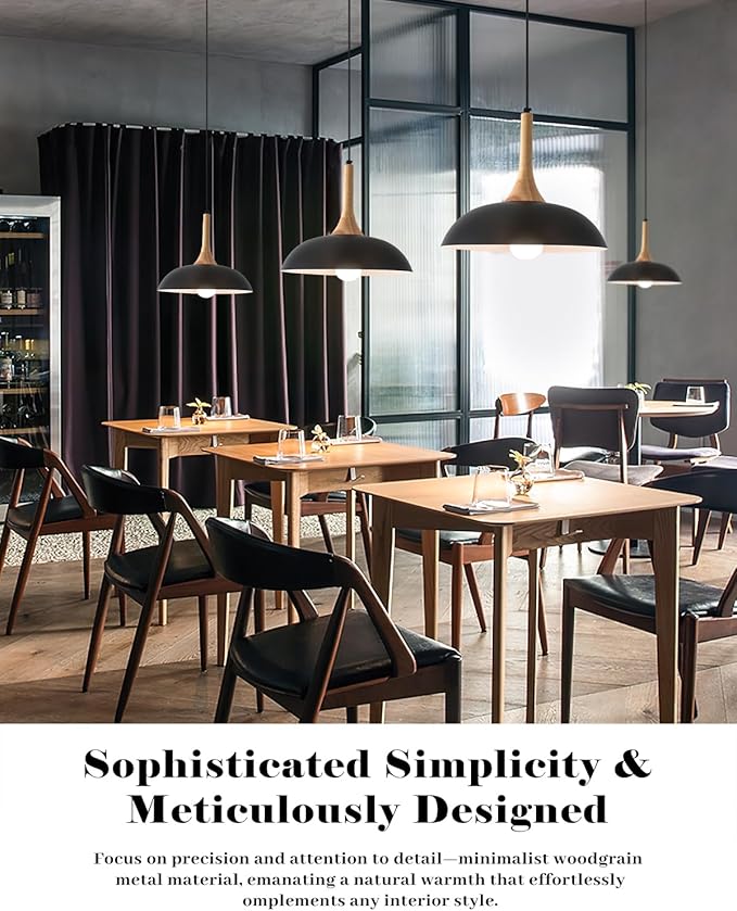 Black Pendant Lights Kitchen Island, Modern Pendant Light with Wood Cap, 13.8 inch Dome Pendant Light for Kitchen, Dining Room, Living Room