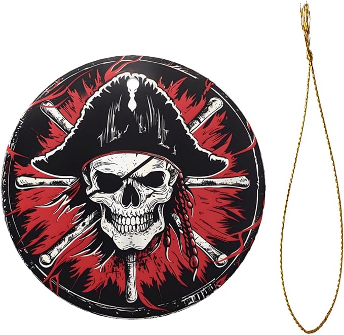 Retro Skull Pirate Christmas Ornaments, Christmas Decorations Xmas Tree Hanging Ornaments, Round Ceramic Festive Keepsake Gift for Xmas Decorations Holiday Home Decor
