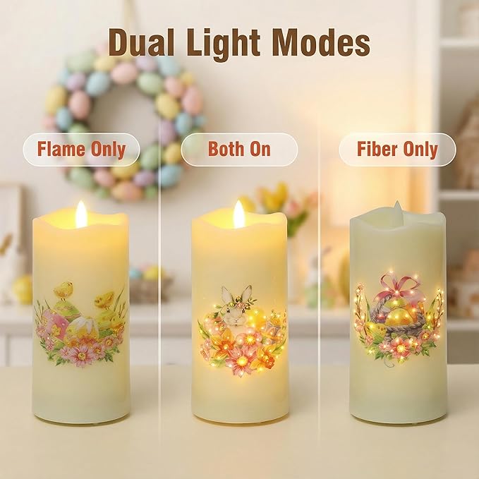 Eywamage Fiber Optic Easter Flameless Candles with Remote, Flickering Spring LED Pillar Candles Battery Operated Set of 3