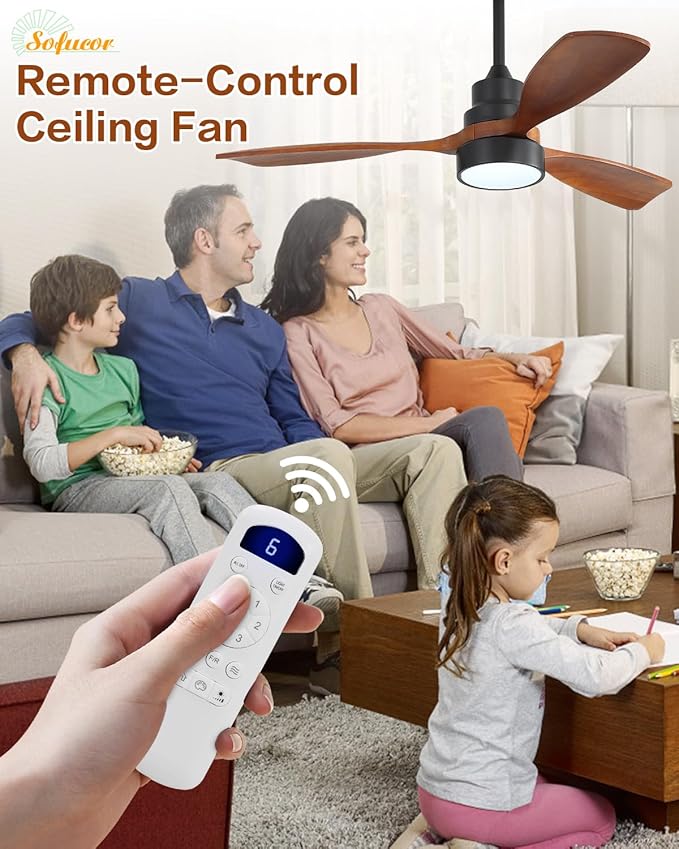 Sofucor 48 Inch Ceiling Fans with Lights and Remote Control-Modern Flush Mount & Downrod Mount Ceiling Fan for Bedroom Living Room Indoor Outdoor Farmhouse Patio, Timer Quiet DC Motor, Black&Walnut