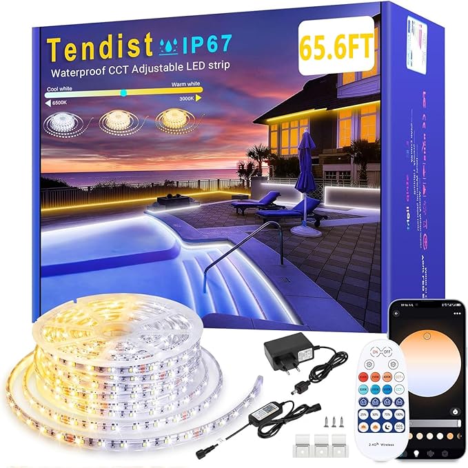 65.6FT Outdoor LED Strip Lights Waterproof IP67, Dimmable 3000K-6500K Warm White LED Rope Lights Outdoor Waterproof with Remote & APP, 24v Adhesive Exterior Lighting for Patio, Deck, Gazebo
